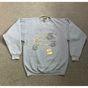 Vintage Eddie Bauer Sweatshirt Blue Mens Large Fly Fishing Graphic Crew USA 90's